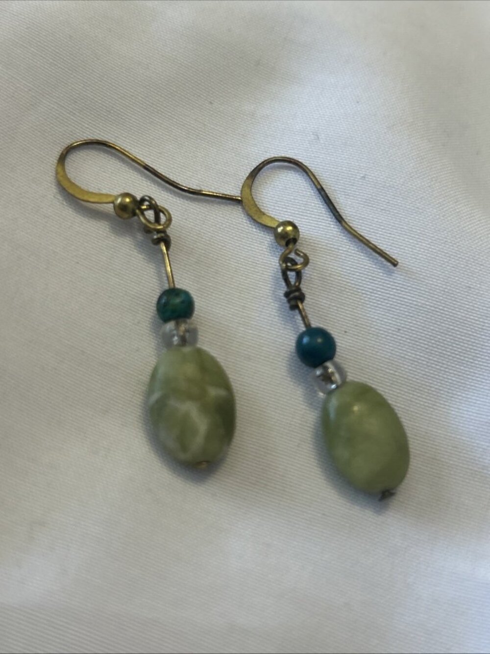 Estate Long Shades of Green Plastic Beads on Chain with Olive Swirl Oval Drops